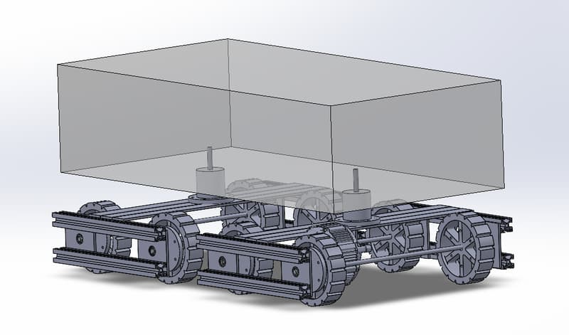 A CAD assembly of the locomotive running gear, showing two bogies and wheelsets beneath the body envelope.